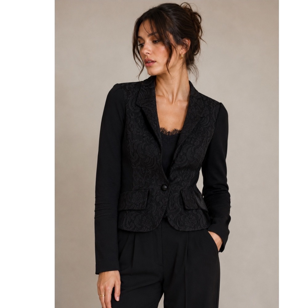 Y2K NWT Yoana Baraschi Lace Overlay Blazer Women‎ 6 Black Floral Single Button